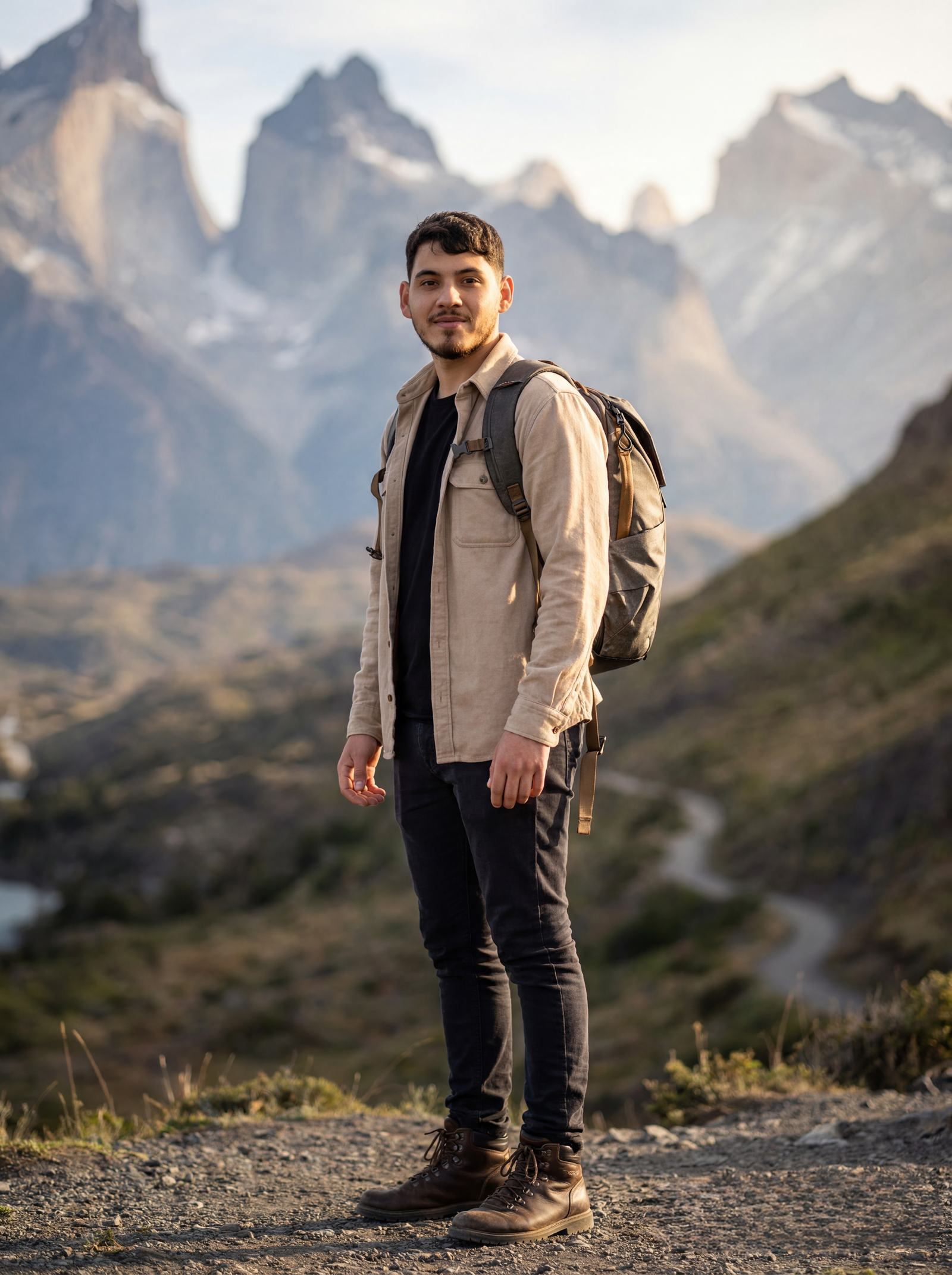 Facu con su mochila de viaje frente a las montañas de la Patagonia